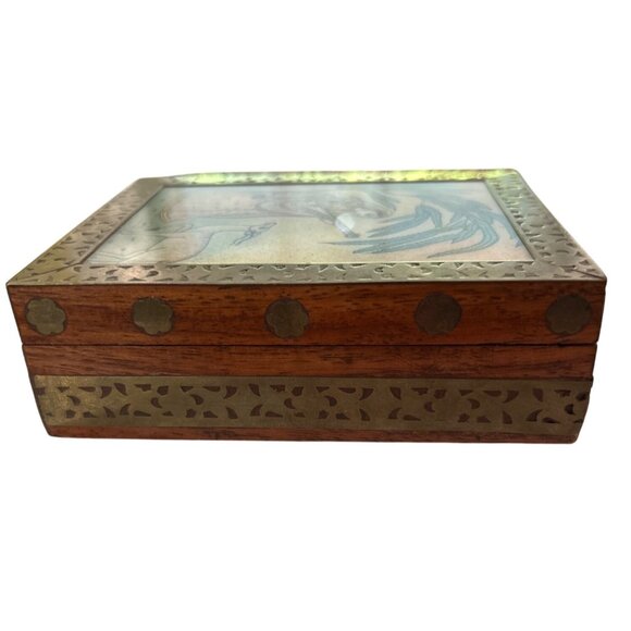 Handcrafted Wooden Jewelry/Trinket Box Glass Gemstone Painting & Brass Border - Picture 5 of 9